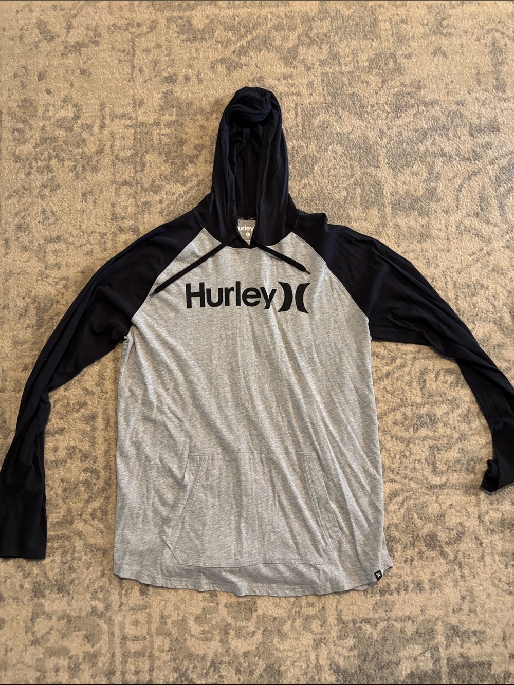 Hurley Gray Body Black Raglan Hooded Long Sleeve Tee